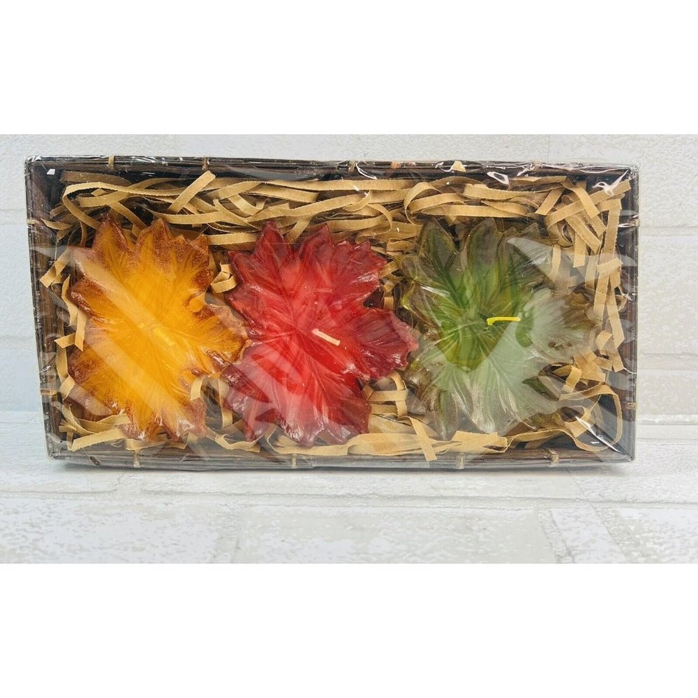New Authentic Illuminations Set of 3 Leaves Floating Candles in Basket Tray
